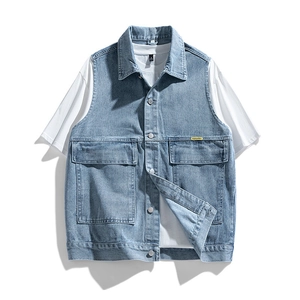 Men's retro light blue washed denim vest with classic cargo pockets and metal buttons