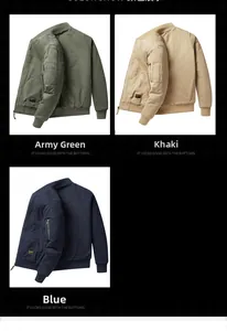 Detailed view of MA1 flight jackets in army green, khaki, and navy blue showing utility pockets