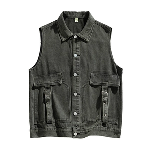 Japanese streetwear black denim utility vest with cargo pockets and metal ring detail