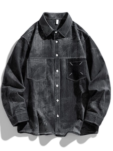 Chemise Denim Homme Rétro Fonctionnelle Manches Longues Pur Coton Lavé Style Tooling Coutures Contrastées Double Poche Veste