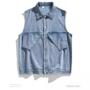 Men Denim Vest Retro Japanese Street Style Washed Cotton Blend Waistcoat With Large Flap Pockets Sleeveless Denim Jacket