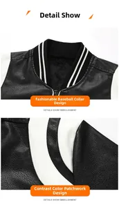 Detailed macro view of the striped rib-knit collar and curved contrast stitching on the PU jacket