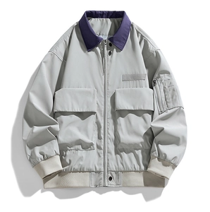 Detail view of American work jacket with purple collar and large utility pockets