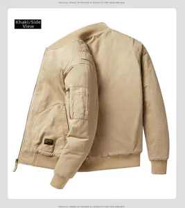 Detail shot of the side sleeve with utility pocket on khaki MA1 bomber jacket