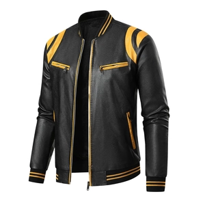 Detail of black PU leather motorcycle jacket with vibrant yellow contrast stitching