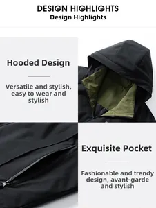 Detail view of men's jacket showing drawstring hood and contrast olive green inner lining