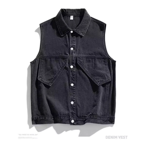 Japanese street style washed black denim vest with front pockets and metal buttons