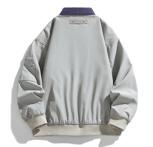 Detailed back view of casual workwear jacket with contrast collar and sleeve pocket