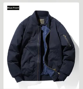 Front view of men's navy blue MA-1 flight jacket showing rib-knit collar and diamond lining