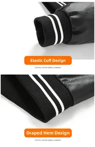 Detail view of elastic ribbed cuffs and hem on a black leather jacket with white stripes