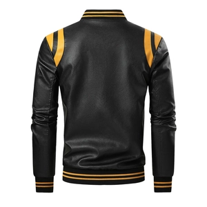Detailed back view of men's PU leather biker jacket with yellow shoulder patches and rib trim