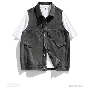 Japanese streetwear dark gray washed denim vest with utility pockets for all-season layering