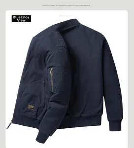Detail of navy blue bomber jacket sleeve featuring utility zipper pocket and yellow tag