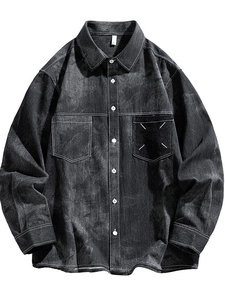 Chemise en jean gris foncé pour homme en coton avec poches cargo et coutures blanches