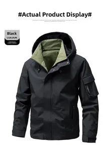 Detail of waterproof jacket featuring adjustable hood and olive green lining accent