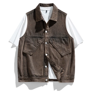 Men's vintage brown washed denim vest jacket with multi-pockets and metal buttons
