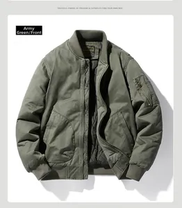 Detail view of army green MA1 bomber jacket with quilted lining and utility sleeve pocket