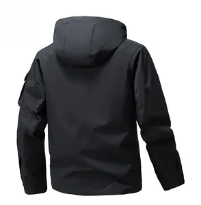 Back view of men's waterproof hooded outdoor jacket with tactical sleeve pocket and adjustable cuffs