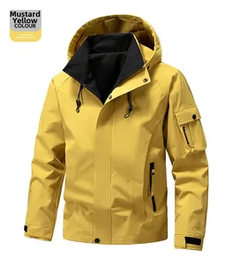 Detail of ginger yellow hooded tactical jacket with utility zipper pocket on sleeve