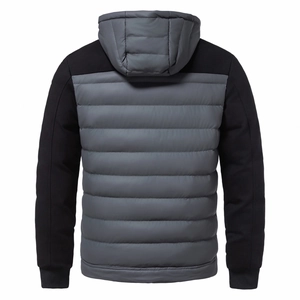 Men's lightweight hooded padded jacket with grey and black patchwork in rear view