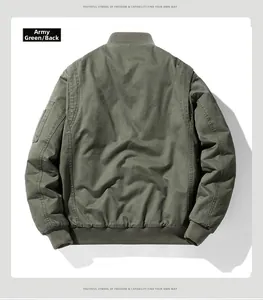 Detail view of military green MA1 bomber jacket back with ribbed hem and sleeve pocket