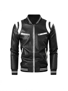 Men's Motorcycle PU Leather Jacket Fleece Lined Warm Winter Baseball Collar Contrast Color Spliced Windproof Outerwear For Men Daily Fashion