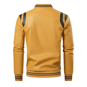 Back view of yellow PU leather jacket featuring black shoulder patches and ribbed cuffs