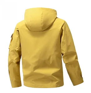 Rear view of men yellow waterproof hooded jacket featuring tactical arm pocket and cuffs