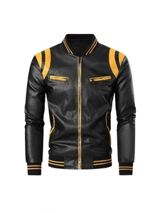 Men's slim fit black PU leather jacket with contrast yellow stripes and varsity collar