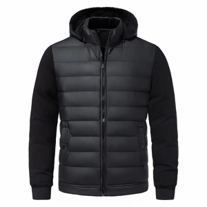 Men's black quilted hooded jacket featuring casual patchwork sleeves and full zip closure