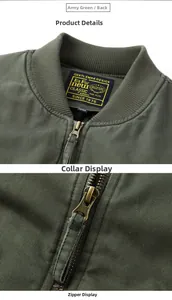 Close-up of ribbed collar and metallic zipper on army green padded MA1 bomber jacket