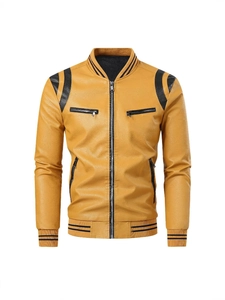 Men's yellow PU leather jacket with black shoulder contrast and ribbed cuffs
