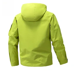 Back view of a neon green waterproof hooded jacket with a functional sleeve pocket