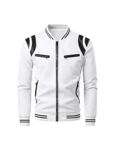 Men's stylish black and white contrast PU leather jacket with athletic baseball collar detail