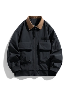 Men Retro Workwear Jacket Windproof Polyester Color Block Lapel Casual Outdoor Streetwear Harajuku Style Coat For Men