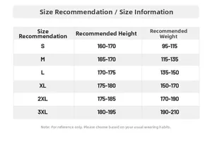 Tableau des tailles pour veste outdoor imperméable avec guide de taille et de poids