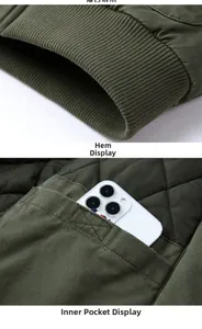Detail of army green MA1 jacket featuring ribbed hem and diamond quilted lining with pocket