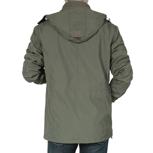 Men's olive green long hooded windbreaker jacket with premium outdoor fabric texture