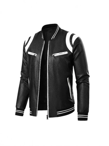 Men's motor biker PU leather jacket with contrast white panels and ribbed collar