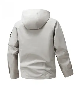 Detailed back view of a men's light grey waterproof hooded jacket with raglan sleeves