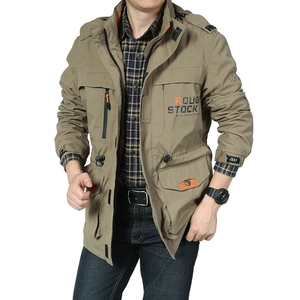 Men's khaki outdoor functional windbreaker jacket with multiple pockets and a stand collar