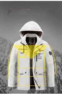 Detail of white hooded parka jacket featuring utility pockets and plaid inner lining