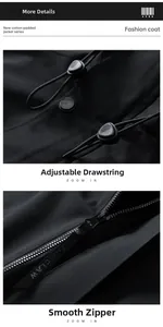 Detail of adjustable drawstring toggle and smooth zipper on black outdoor jacket