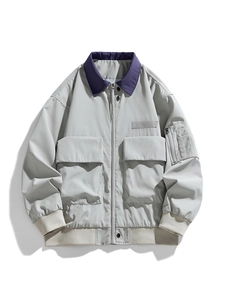 Men's American style grey casual jacket with colorblock collar and utility cargo pockets
