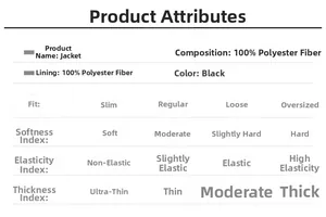 Detailed size chart and specifications for the men's black slim fit casual jacket