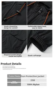 Vue détaillée de la veste de protection solaire noire en nylon avec capuche réglable