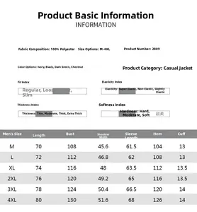 Men's outdoor jacket size chart with detailed measurements and polyester fabric details