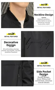 Detail view of ribbed collar and high-quality 3D embroidery on men's black bomber jacket