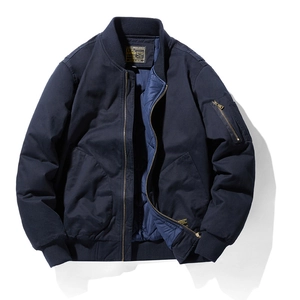 Men's navy blue MA-1 bomber jacket with quilted lining and ribbed knit cuffs in a loose fit