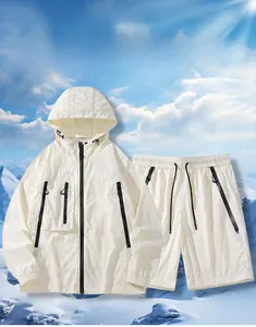 Close-up of UPF50+ ice-cool sun protection hooded jacket and shorts set in off-white